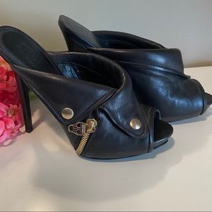 Alexander McQueen Black Leather Peep-Toe Mule Heels with Gold Hardware